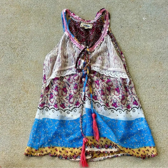 Anthropologie Lulumari Brand Mixed Media Colorful Lace Tassel Flowy Tank top - Picture 2 of 6